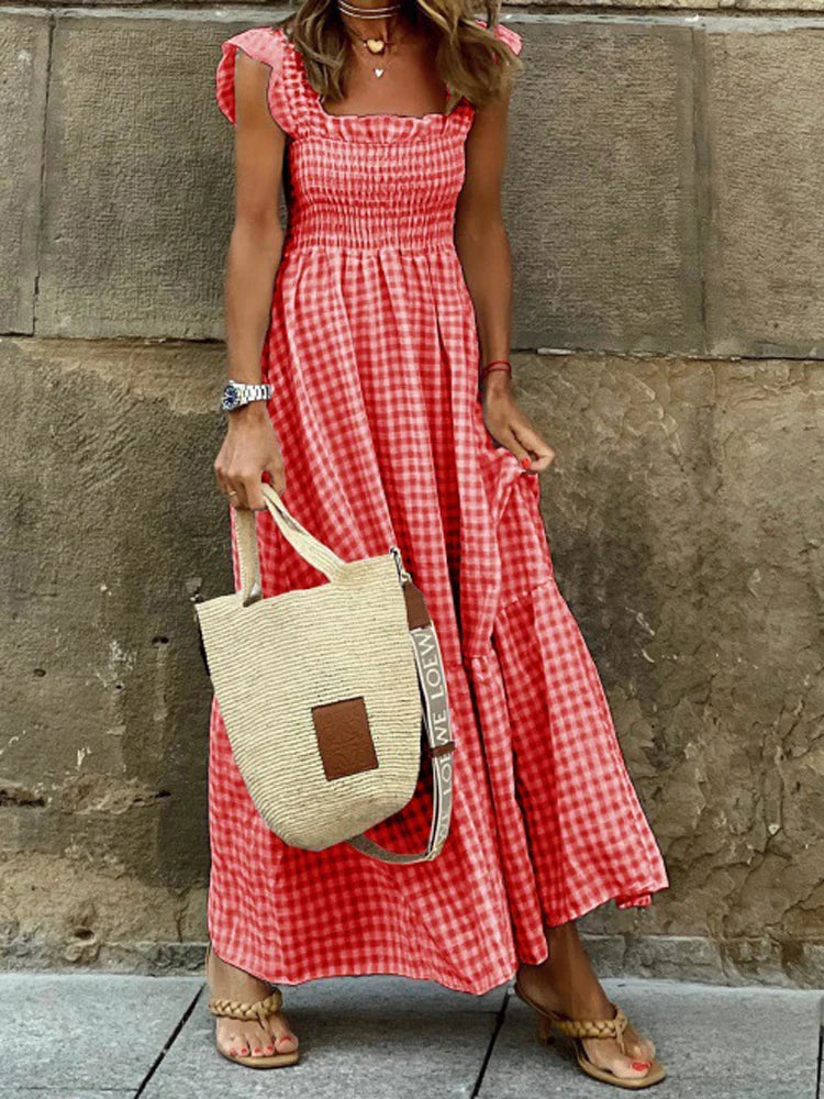 Elegant Plaid Slip Maxi Long Dress Summer Women Strapless Ruffle Backless Pleated Elastic Waist Boho Party Swing Loose Dresses