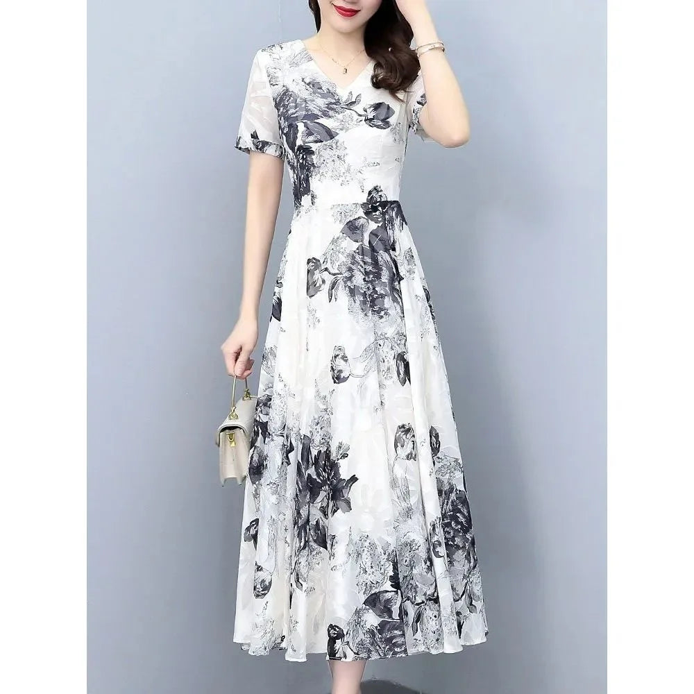 V-Neck Floral Print Pleated Knee Length Swing Casual Dress