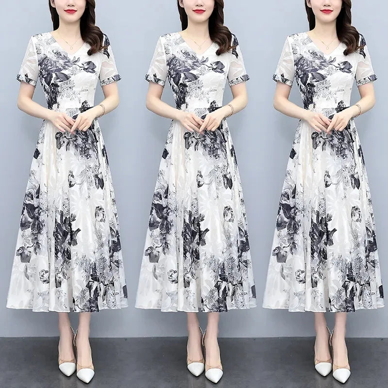 V-Neck Floral Print Pleated Knee Length Swing Casual Dress