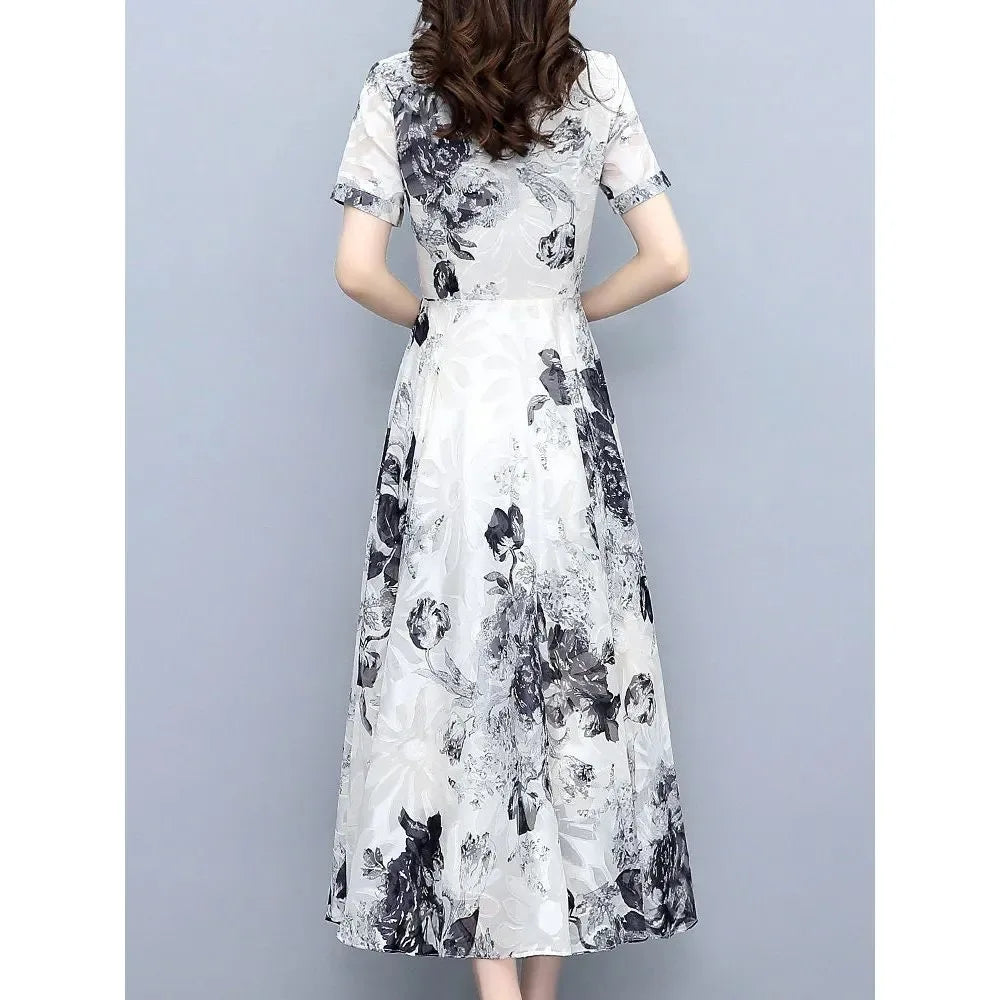 V-Neck Floral Print Pleated Knee Length Swing Casual Dress