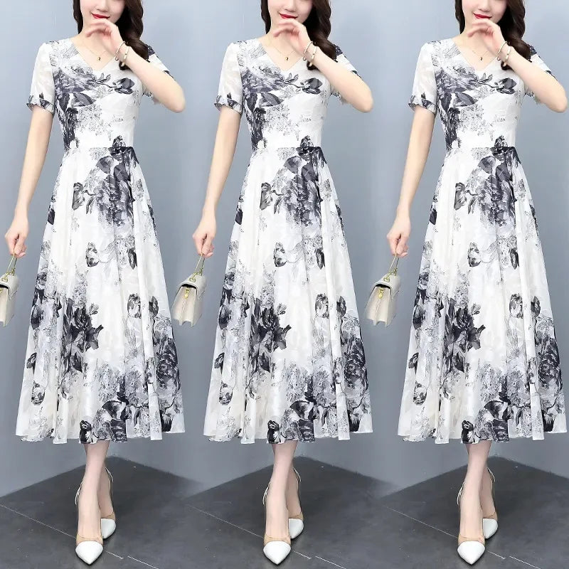 V-Neck Floral Print Pleated Knee Length Swing Casual Dress